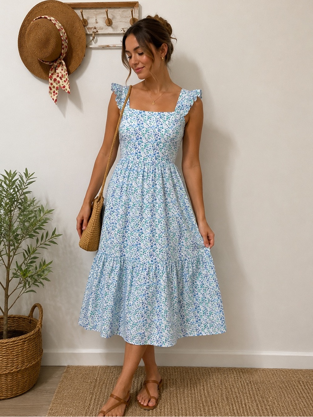 J Crew Factory Blue Floral Tie Back Midi Dress